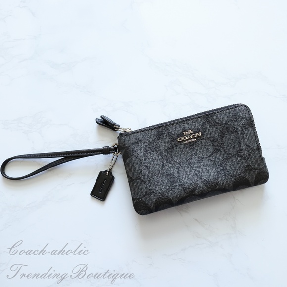 New F87591 Coach Double Corner Zip Wristlet In Brown//Black Nwt